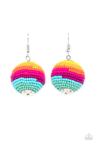 Zest Fest - Multi Earrings - Paparazzi Accessories Strands of multicolored seed beads decoratively spin around a spherical frame, resulting in a colorful 3-dimensional display. Earring attaches to a standard fishhook fitting.  Sold as one pair of earrings.  New Kit