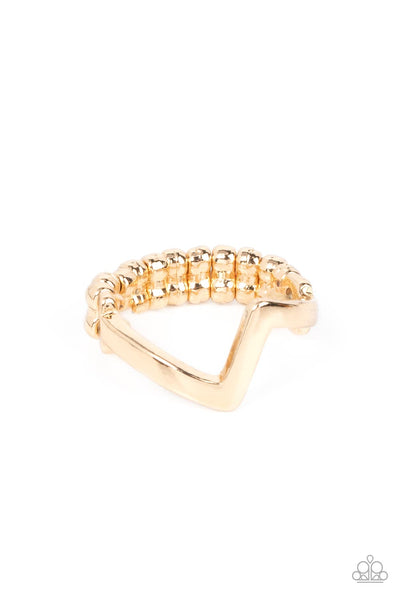 Global Shock - Gold Ring - Paparazzi Accessories A shiny gold bar zigzags across the finger, invoking an edgy vibe. Features a dainty stretchy band for a flexible fit.  Sold as one individual ring.  New Kit