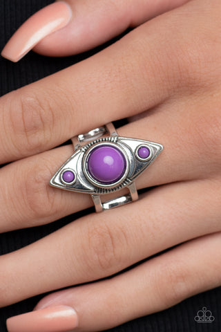 Pivoting Point - Purple Ring - Paparazzi Accessories Three bubbly purple beads stack across the front of a textured silver oblong frame, resulting in a playful pop of color atop layered silver bands. Features a stretchy band for a flexible fit.  Sold as one individual ring.  New Kit