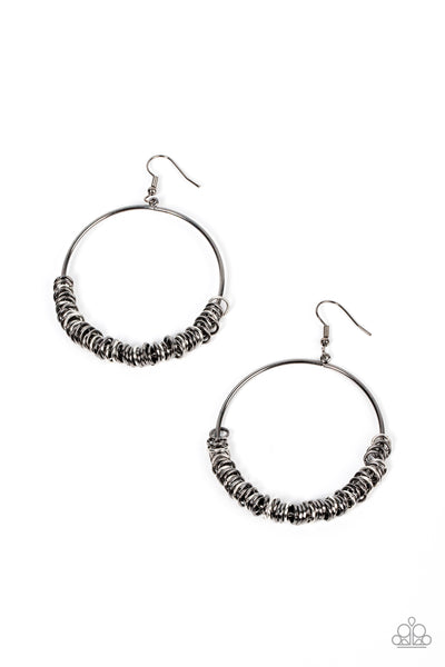 Retro Ringleader - Multi Earrings - Paparazzi Accessories An abundance of miniature gunmetal and silver rings slide around a simple gunmetal front-facing hoop, resulting in a polished industrial vibe. Earring attaches to a standard fishhook fitting.  Sold as one pair of earrings.