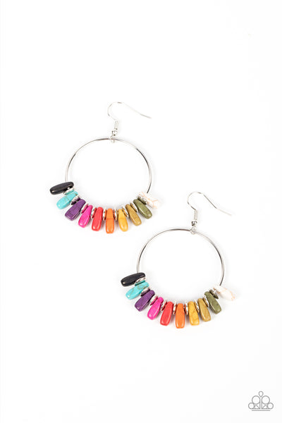 Earthy Ensemble - Multi Earrings - Paparazzi Accessories A rainbow of multicolored stones are separated by dainty silver discs along a silver hoop, resulting in a colorful and earthy fringe. Earring attaches to a standard fishhook fitting.  Sold as one pair of earrings.  New Kit