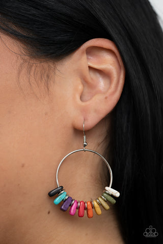 Earthy Ensemble - Multi Earrings - Paparazzi Accessories A rainbow of multicolored stones are separated by dainty silver discs along a silver hoop, resulting in a colorful and earthy fringe. Earring attaches to a standard fishhook fitting.  Sold as one pair of earrings.  New Kit