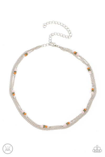 Bountifully Beaded - Multi Choker Necklace - Paparazzi Accessories Infused with a pair of dainty silver chains, a single chain is adorned in sections of Olive Branch, Pale Rosette, and Adobe seed beads as it layers around the neck for an earthy flair. Features an adjustable clasp closure.  Sold as one individual choker necklace. Includes one pair of matching earrings.  Choker