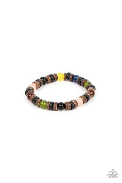 Durango Drifter - Multi Bracelet - Paparazzi Accessories Glassy multicolored stone beads join trios of black and brown wooden discs along stretchy bands around the wrist, resulting in an earthy pop of color.  Sold as one individual bracelet.