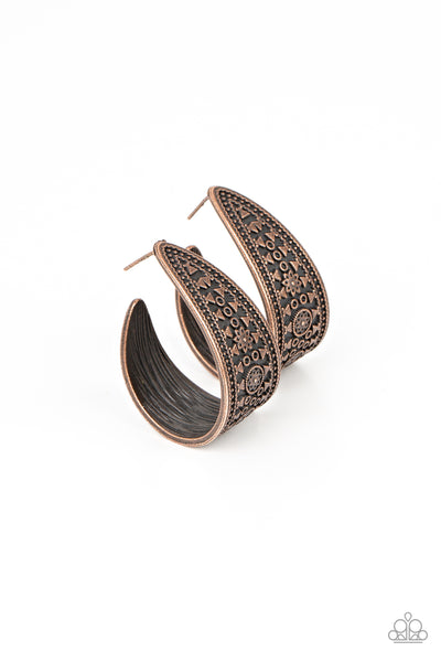 Marketplace Mixer - Copper Hoop Earrings - Paparazzi Accessories Embossed in textile inspired patterns, a rustic copper ribbon sharply curves into a textured hoop for an adventurous finish. Earring attaches to a standard post fitting. Hoop measures approximately 1" in diameter.  Sold as one pair of hoop earrings.  New Kit